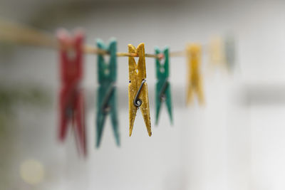 Close-up of clothespins hanging on table