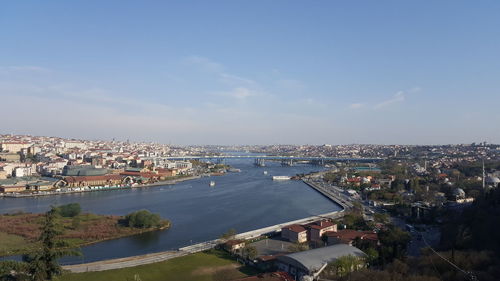 High angle view of river amidst buildings in city against sky