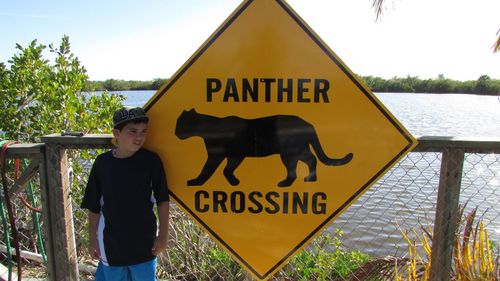 Boy standing by animal crossing sign against lake