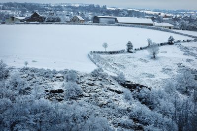 High angle view of snow covered landscape