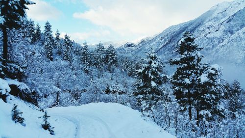 Scenic view of snowcapped mountains against sky