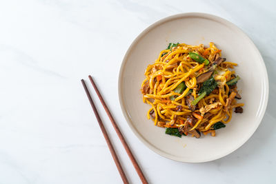 High angle view of food in plate on table