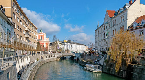 Cityscape of ljubljana, slovenia. river, ljubljanica, sunny day.