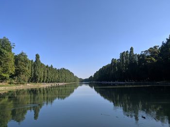 Scenic view of lake against clear blue sky