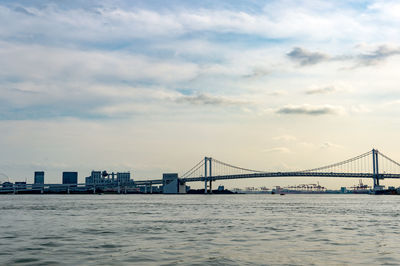 View of suspension bridge against cloudy sky