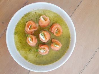 High angle view of soup in bowl on table