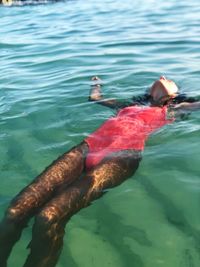 High angle view of man swimming in sea