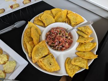 High angle view of breakfast served on table