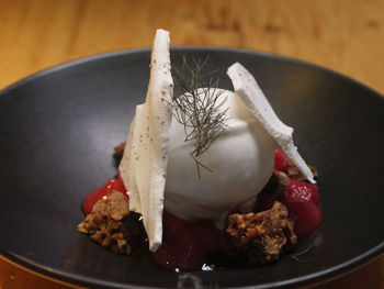 High angle view of ice cream in bowl on table