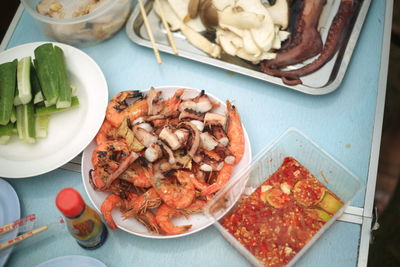 High angle view of meal served on table