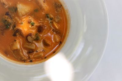 High angle view of soup in bowl