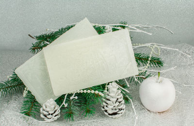 Close-up of christmas decorations on table