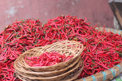 Extreme close up of red chilies against the wall