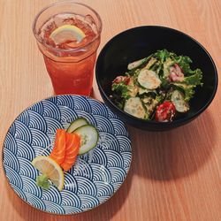 High angle view of fruits in glass on table