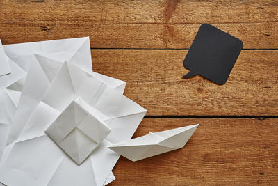 High angle view of white paper on wooden table