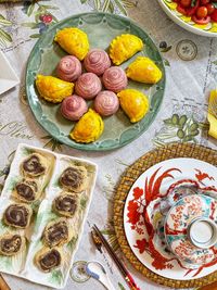 High angle view of dessert in plate on table