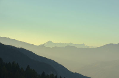 Scenic view of silhouette mountains against clear sky