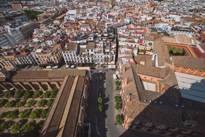 High angle view of houses in city