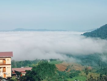 Scenic view of trees and buildings against sky