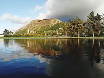 Scenic view of lake by trees against sky