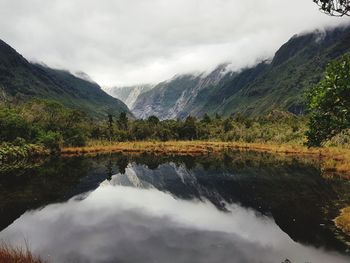 Scenic view of lake and mountains against sky