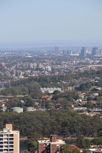 High angle view of townscape against clear sky