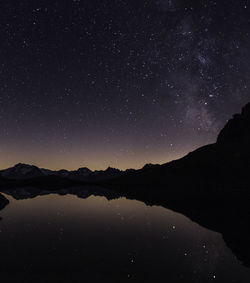 Scenic view of mountains against sky at night