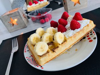 High angle view of cake in plate on table