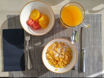 High angle view of breakfast served on table