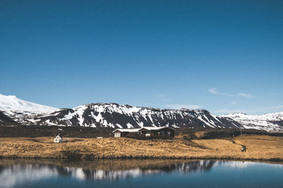 Scenic view of snowcapped mountains and lake against blue sky