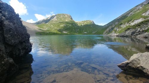 Scenic view of lake and mountains against sky