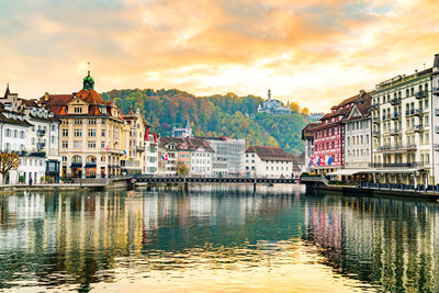 Buildings in city at sunset