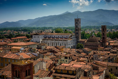 High angle view of buildings in city