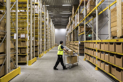 Full length of young warehouse worker pushing cart on aisle in industrial building