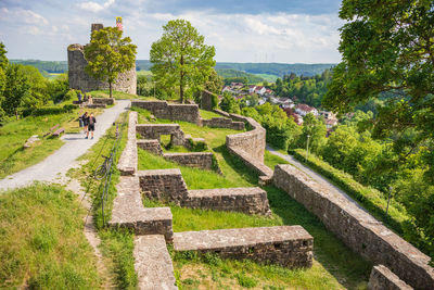 High angle view of old ruin building against sky