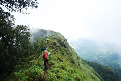 Rear view of hiker walking on mountain against sky