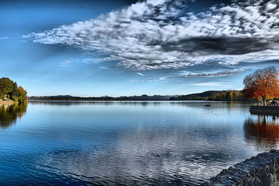 Scenic view of calm lake against cloudy sky