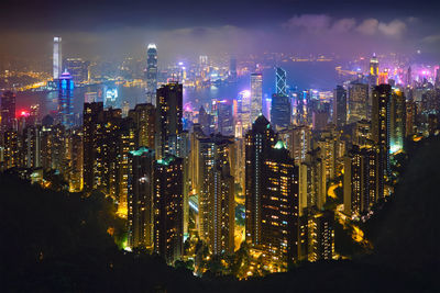 Illuminated buildings in city at night