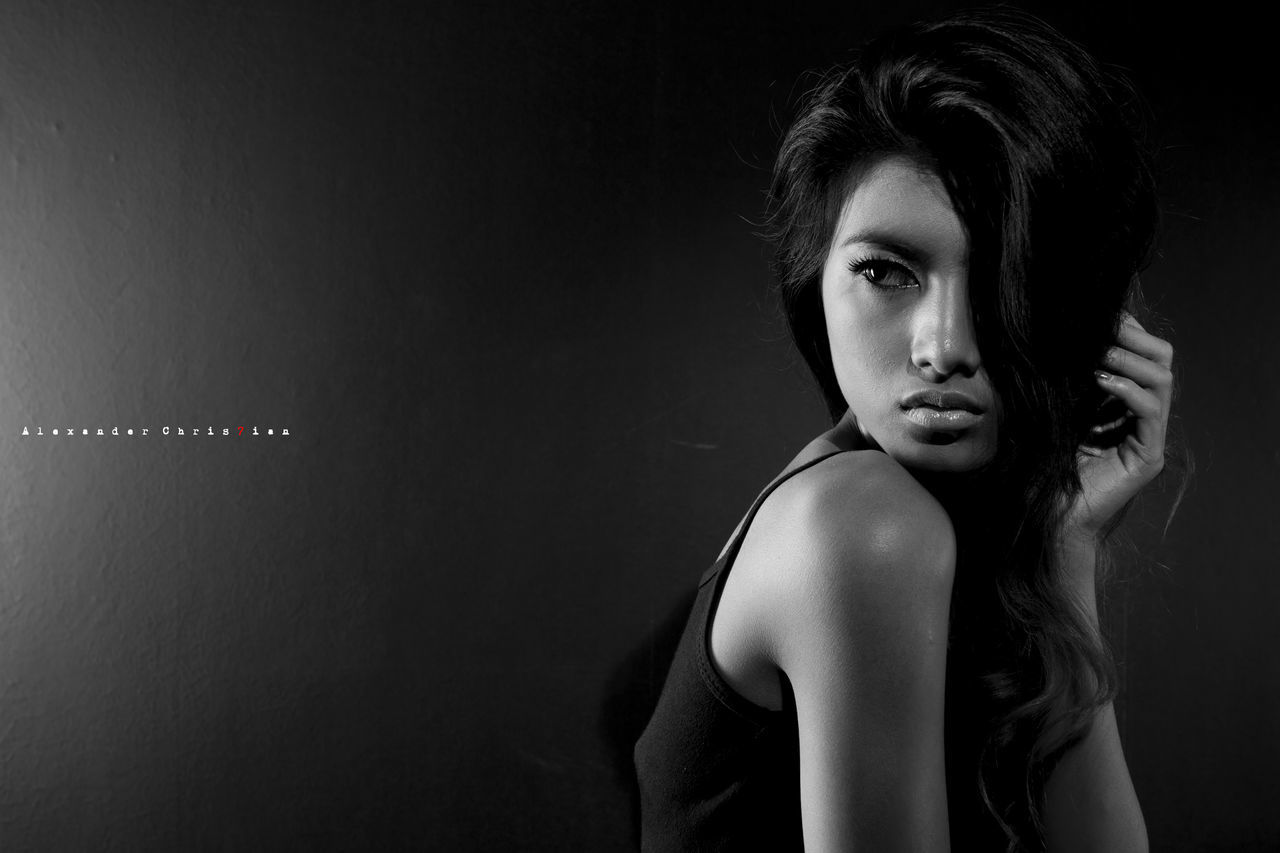 black and white, one person, portrait, black, darkness, women, adult, young adult, monochrome photography, monochrome, indoors, hairstyle, looking at camera, studio shot, fashion, dark, portrait photography, female, photo shoot, looking, copy space, long hair, headshot, white, human face, black background, serious, clothing, person