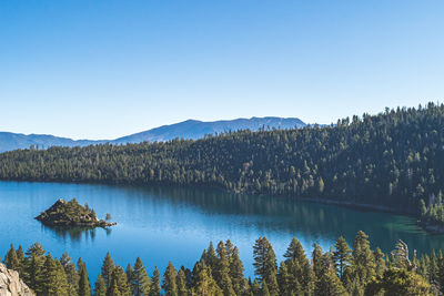 Emerald bay, lake tahoe, california with view of fannette island on clear sunny day.