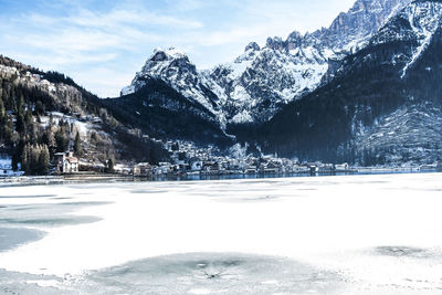 Scenic view of snowcapped mountains against sky