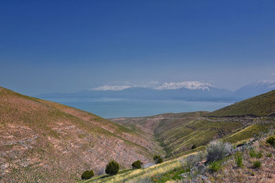 Scenic view of mountains against clear blue sky