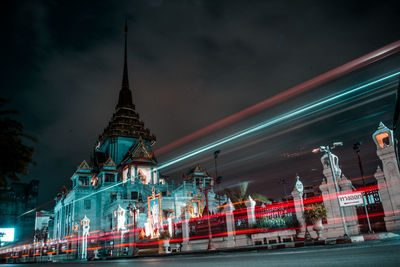 Light trails on building at night