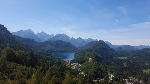 Scenic view of river and mountains against sky