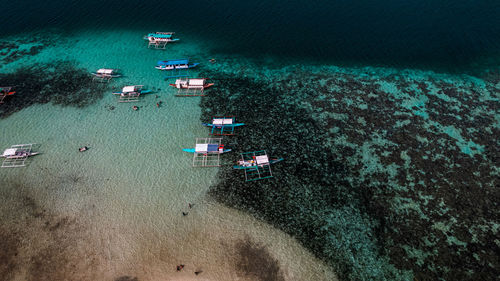 In the photo, a vibrant tropical boat near a beautiful beach or rocky shore.