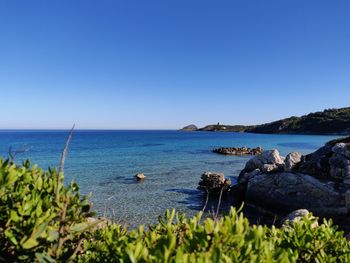 Scenic view of sea against clear blue sky