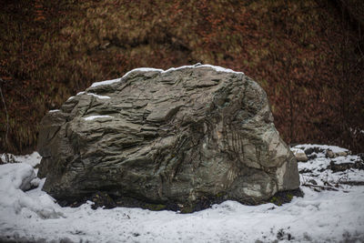 Rock on snow covered land