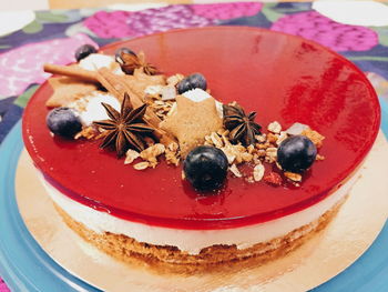 Close-up of strawberry cake on table