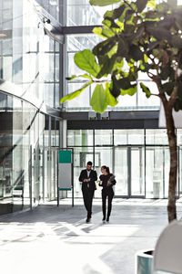 Business colleagues talking while walking in atrium at office