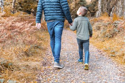 Rear view of friends walking on autumn leaves